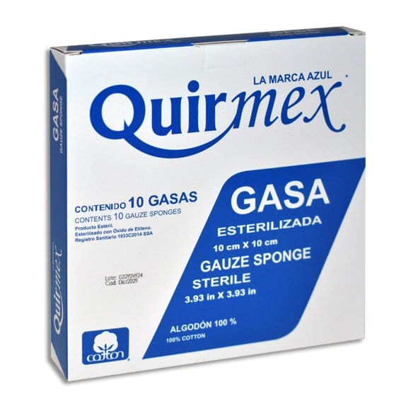 GASA ESTERILIZADA (Quirmex) 10x10cm. T20x12, 8C. Caja c/10 Sobs.